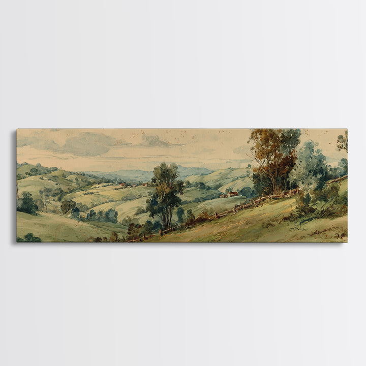 Country Landscape with Fence and Rolling Hills Canvas Print, Farmhouse Art, Farmhouse Wall Decor, Farmhouse Decor, Harvest, FAR-3x1-6