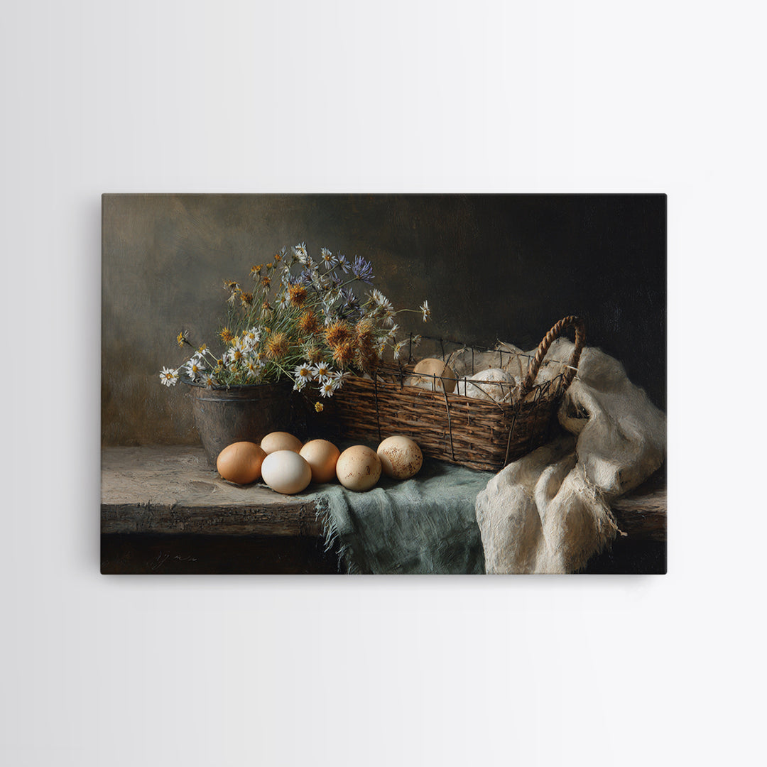 Fresh Eggs in a Wire Basket Framed Canvas Print, Farmhouse Art, Printable Art, Farmhouse Decor, Harvest, Landscape Painting, FAR-3x2-10