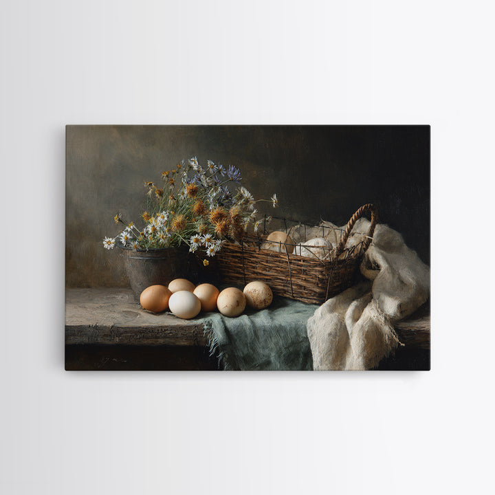 Fresh Eggs in a Wire Basket Framed Canvas Print, Farmhouse Art, Printable Art, Farmhouse Decor, Harvest, Landscape Painting, FAR-3x2-10