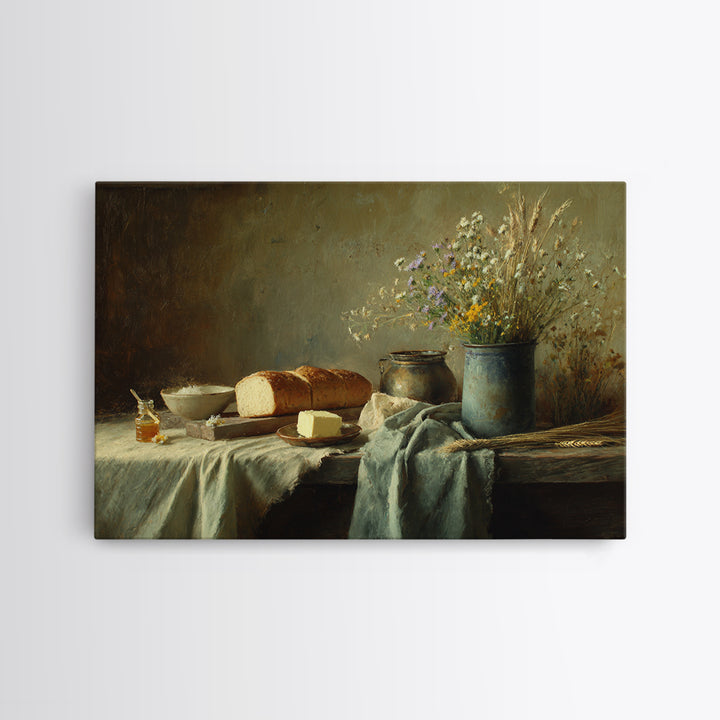 Fresh Bread Honey and Butter Still Life Framed Canvas Print, Farmhouse Art, Fine Art Print, Farmhouse Decor, Oil Painting, FAR-3x2-100