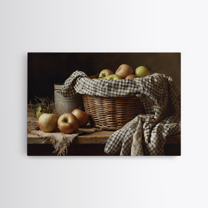 Apple Basket with Gingham Cloth Framed Canvas Print, Farmhouse Art, Oil Painting, Farmhouse Decor, Fine Art, Harvest, FAR-3x2-15