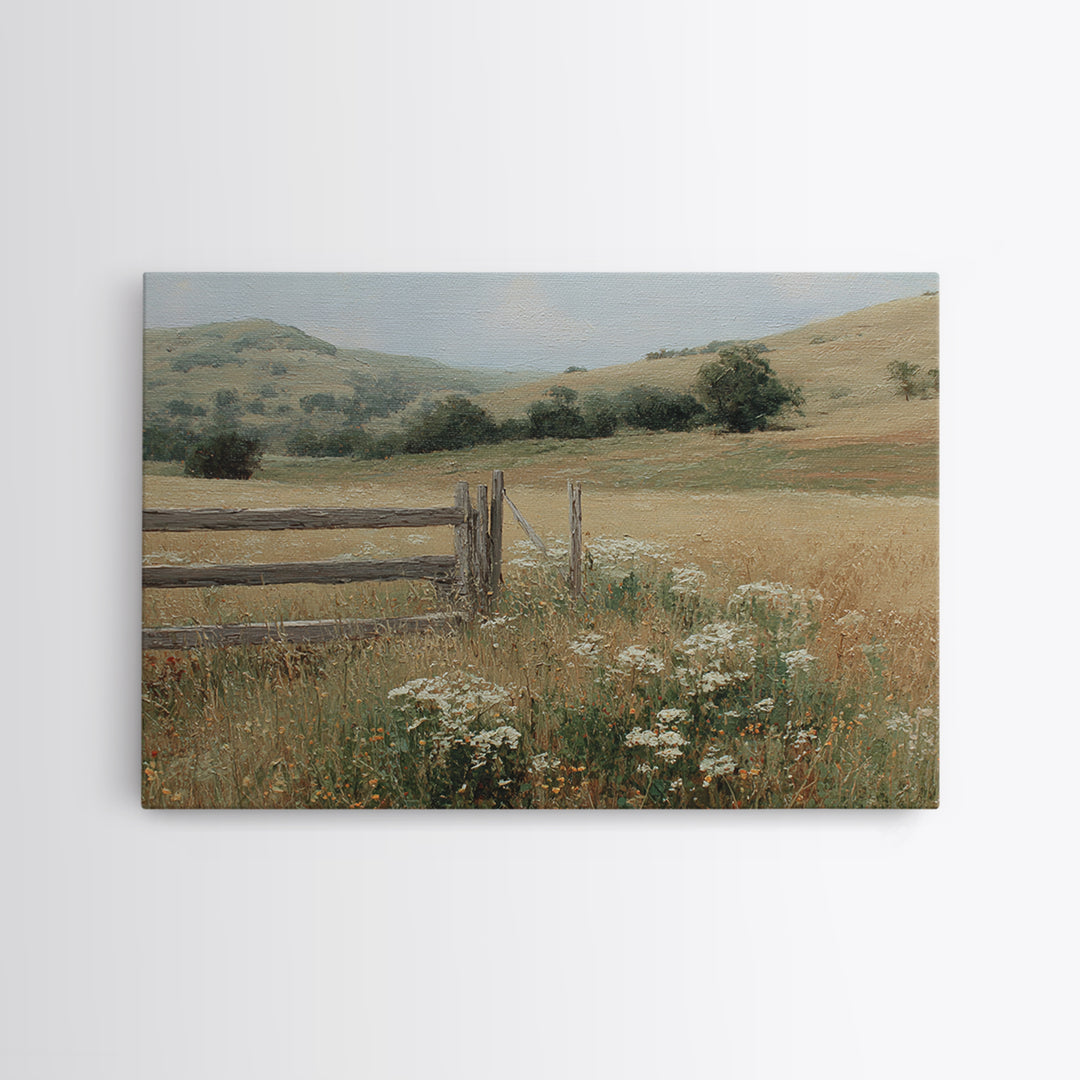 Country Landscape with Fence and Rolling Hills Canvas Print, Farmhouse Art, Printable Wall Art, Farmhouse Decor, Harvest, FAR-3x2-18