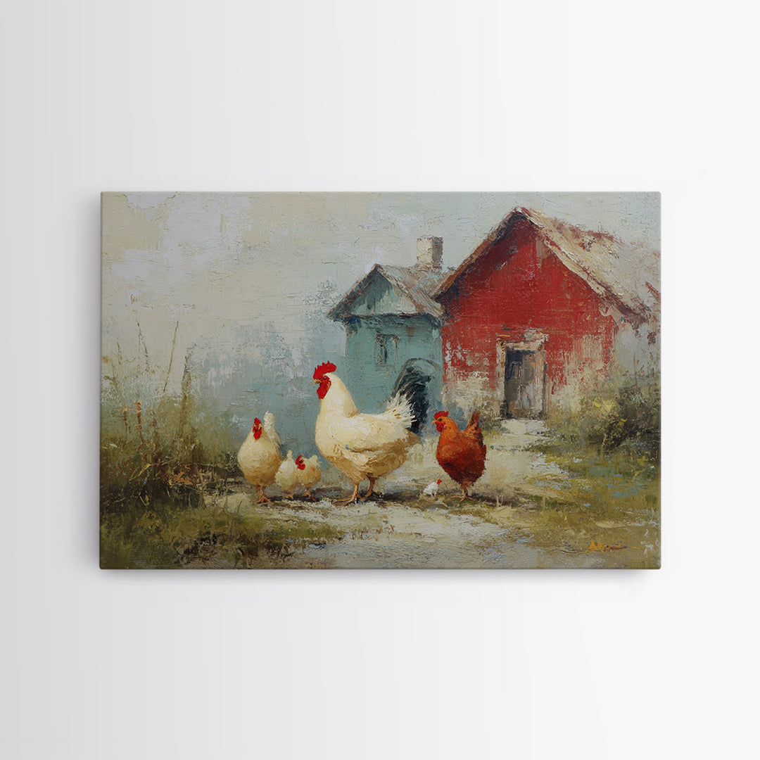 Chicken Family in a Garden Patch Framed Canvas Print, Farmhouse Art, Floral Wall Art, Farmhouse Decor, Fine Art, Harvest, FAR-3x2-19