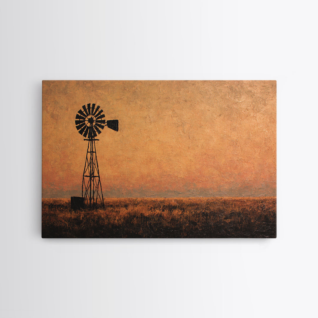 Windmill Silhouette at Sunset Canvas Print, Farmhouse Art, Watercolor Painting, Farmhouse Decor, Harvest, Botanical Art, FAR-3x2-21