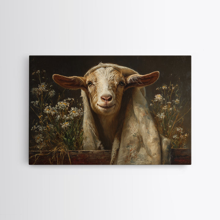 Goat Portrait with Playful Expression Canvas Print, Farmhouse Art, Oil Painting, Farmhouse Decor, Harvest, Farmhouse Wall Decor, FAR-3x2-22