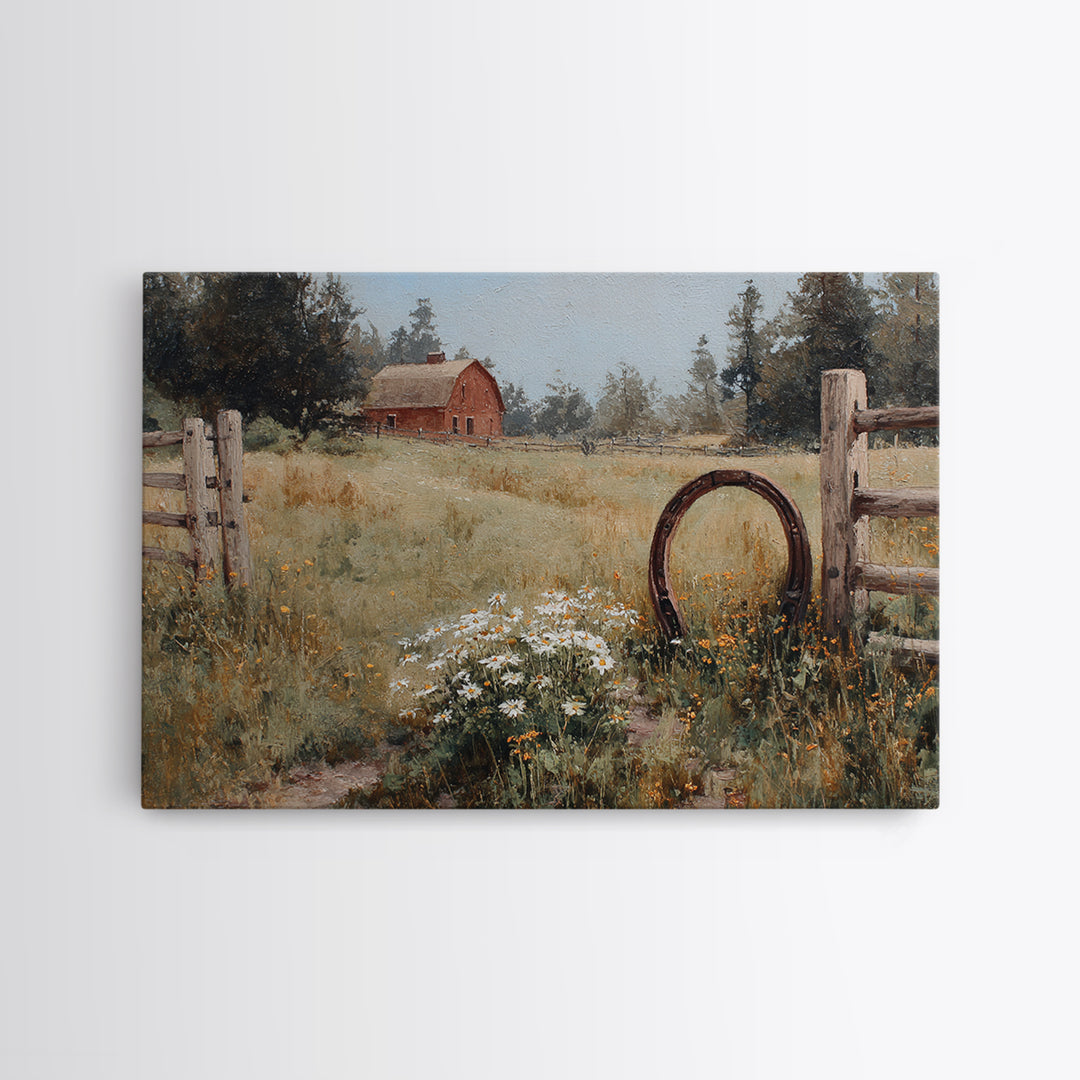 Weathered Horseshoe and Wildflowers Framed Canvas Print, Farmhouse Art, Sage Green Wall Art, Farmhouse Decor, Fine Art, Harvest, FAR-3x2-25