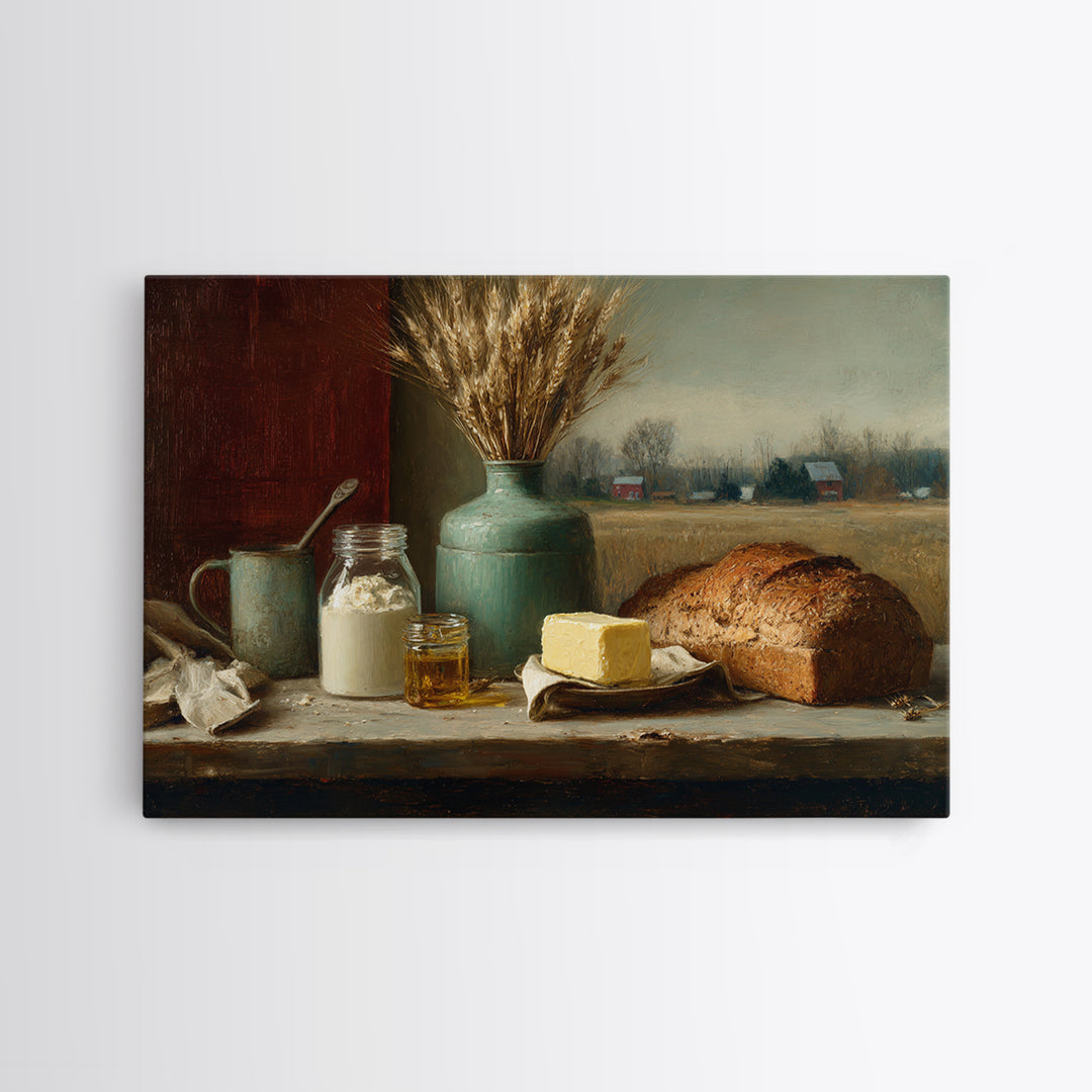 Fresh Bread Honey and Butter Still Life Framed Canvas Print, Farmhouse Art, Digital Print, Farmhouse Decor, Fine Art, Harvest, FAR-3x2-28