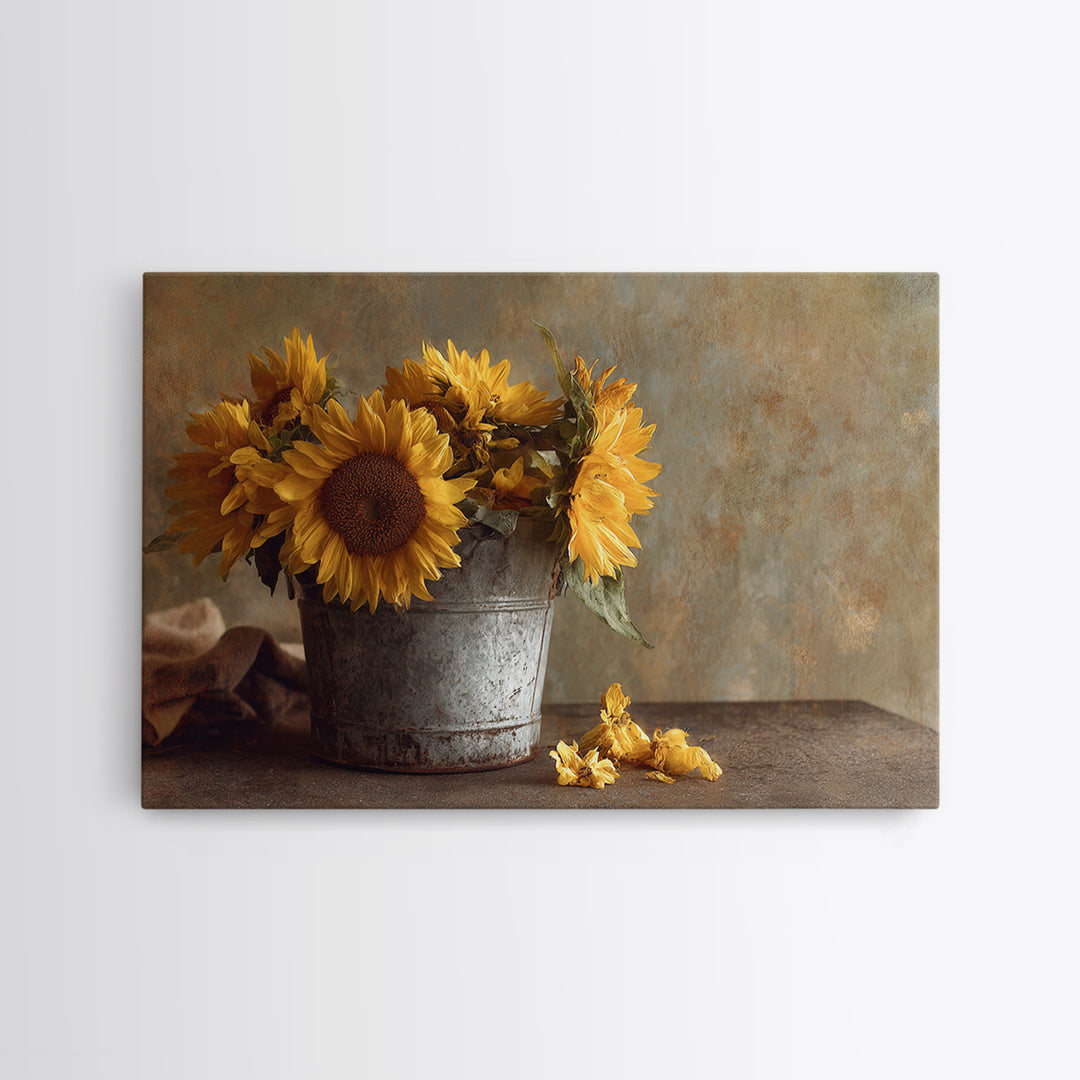 Sunflowers in a Galvanized Metal Bucket Framed Canvas Print, Farmhouse Art, Landscape Painting, Farmhouse Decor, Harvest, FAR-3x2-31