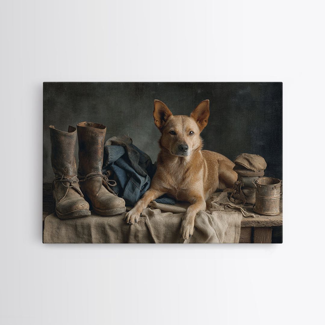 Farm Dog Lying Beside Weathered Boots Canvas Print, Farmhouse Art, Farmhouse Wall Decor, Farmhouse Decor, Oil Painting, Harvest, FAR-3x2-37