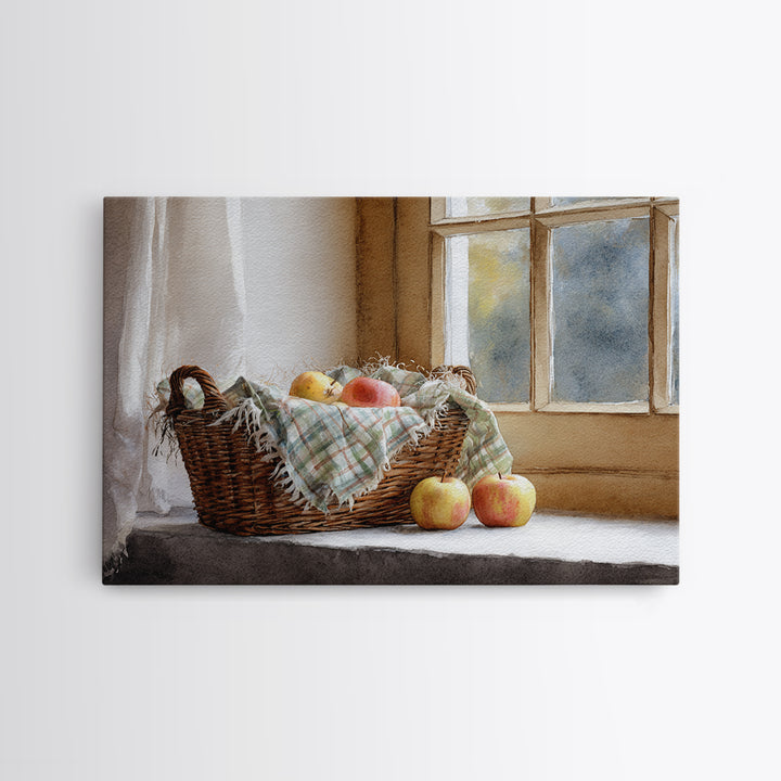 Apple Basket with Gingham Cloth Framed Canvas Print, Farmhouse Art, Neutral Decor, Farmhouse Decor, Fine Art, Harvest, FAR-3x2-39