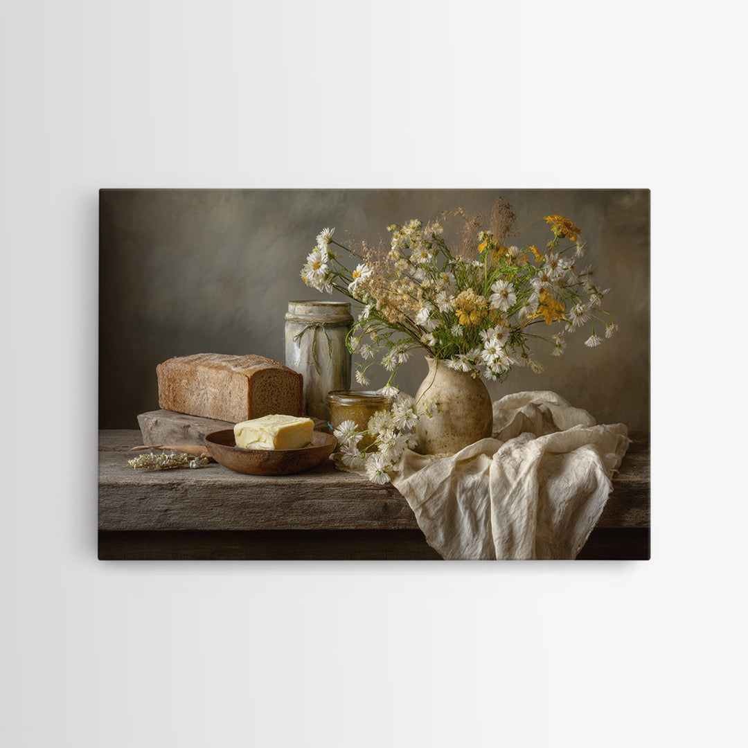 Fresh Bread Honey and Butter Still Life Canvas Print, Farmhouse Art, Digital Prints, Farmhouse Decor, Oil Painting, Harvest, FAR-3x2-4