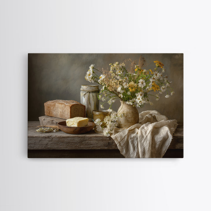 Fresh Bread Honey and Butter Still Life Canvas Print, Farmhouse Art, Digital Prints, Farmhouse Decor, Oil Painting, Harvest, FAR-3x2-4