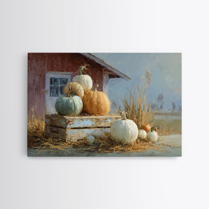 Pumpkins Stacked on a Wooden Crate Framed Canvas Print, Farmhouse Art, Botanical Prints, Farmhouse Decor, Watercolor Art, FAR-3x2-41