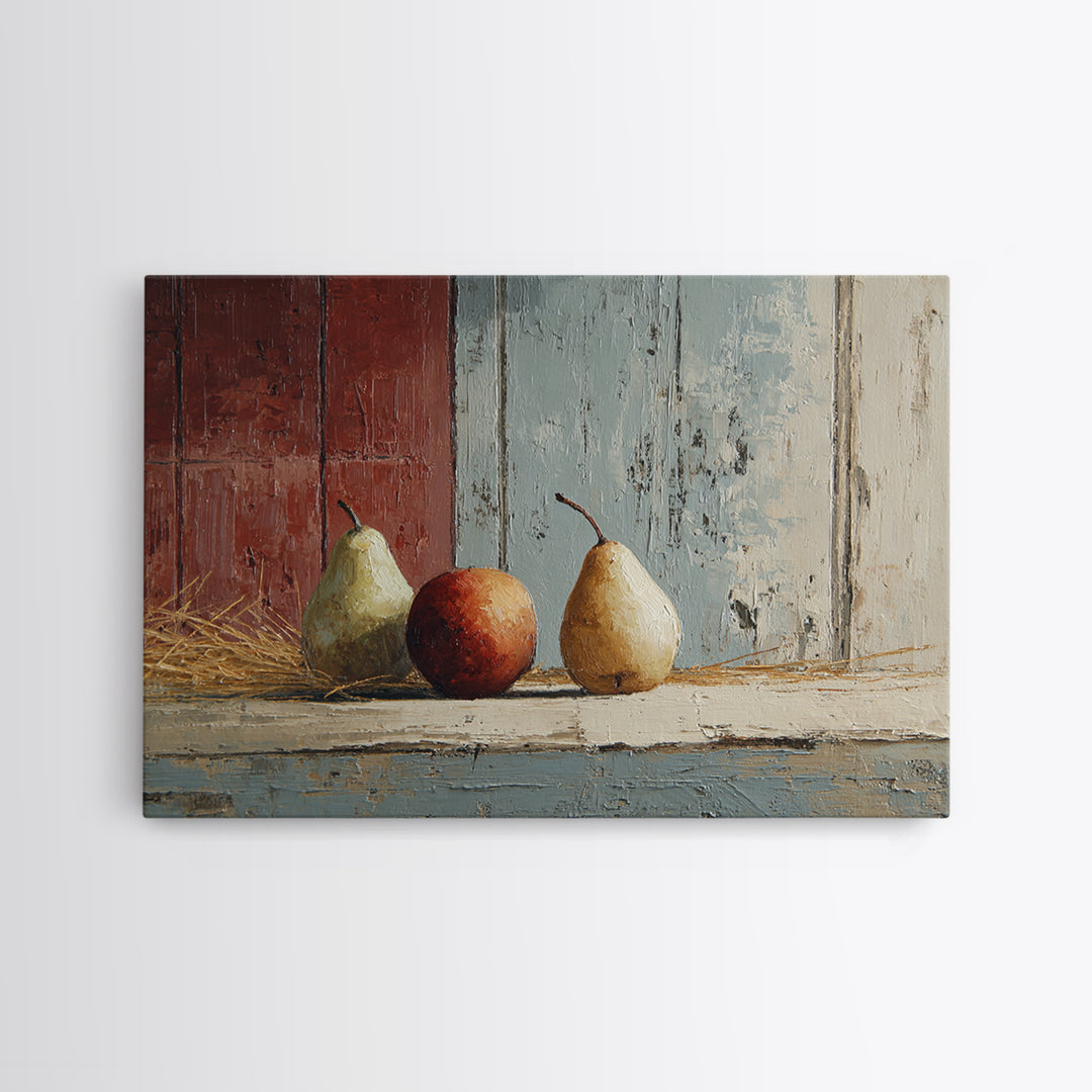 Rustic Pear Still Life on Plank Wood Framed Canvas Print, Farmhouse Art, Room Decor, Farmhouse Decor, Oil Painting, Harvest, FAR-3x2-47