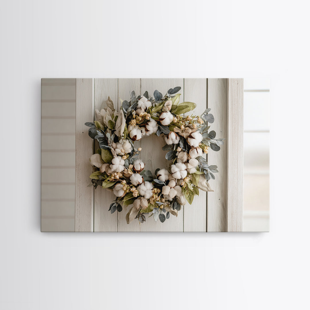 Farmhouse Wreath of Cotton Stems and Eucalyptus Canvas Print, Farmhouse Art, Farmhouse Wall Decor, Farmhouse Decor, Harvest, FAR-3x2-48
