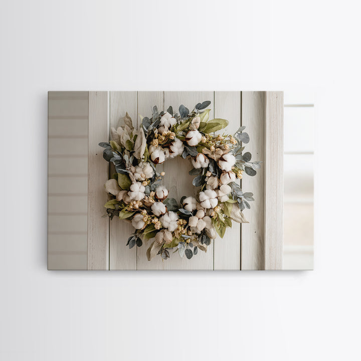 Farmhouse Wreath of Cotton Stems and Eucalyptus Canvas Print, Farmhouse Art, Farmhouse Wall Decor, Farmhouse Decor, Harvest, FAR-3x2-48