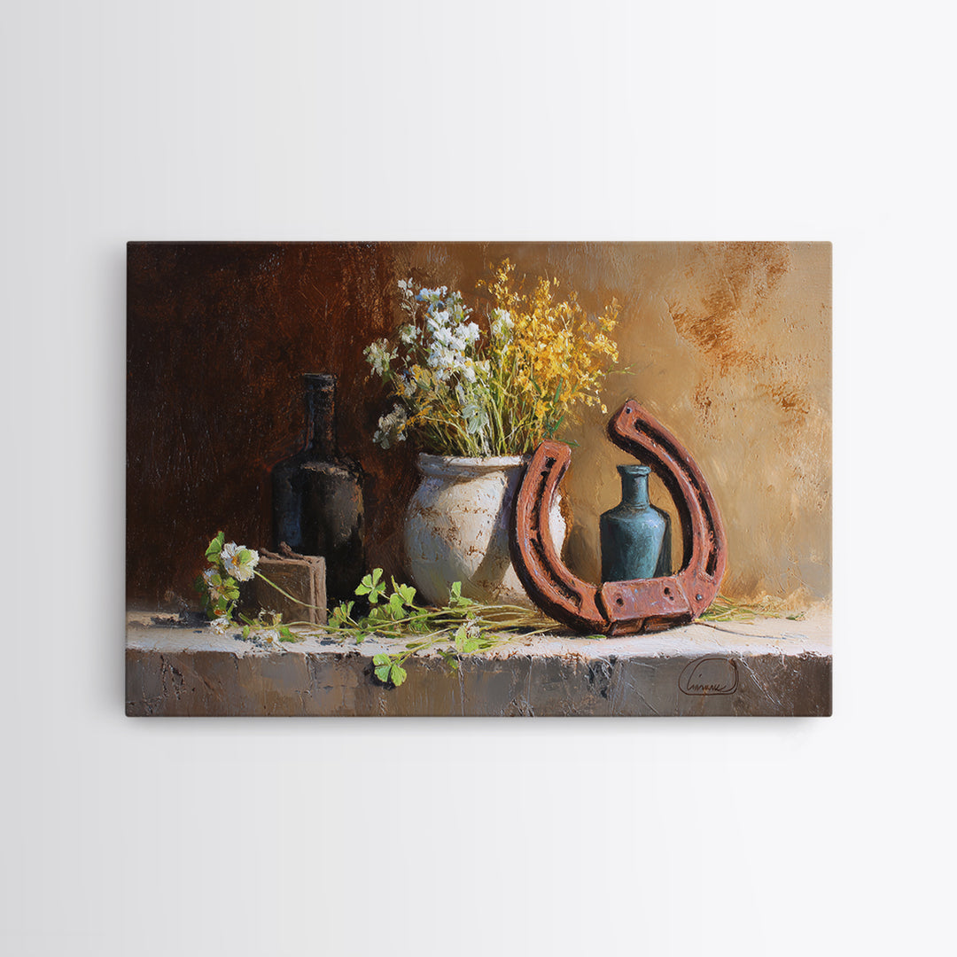 Weathered Horseshoe and Wildflowers Canvas Print, Farmhouse Art, Landscape Painting, Farmhouse Decor, Oil Painting, Harvest, FAR-3x2-49