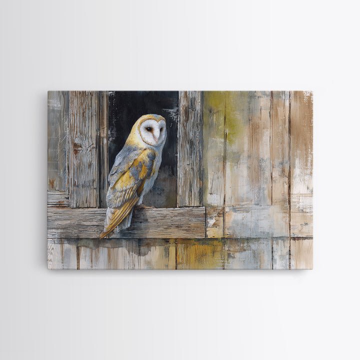 Barn Owl Perched on Aged Wood Canvas Print, Farmhouse Art, Farmhouse Wall Art, Farmhouse Decor, Fine Art, Harvest, Luxury Decor, FAR-3x2-51