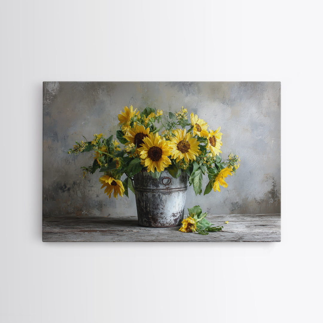 Sunflowers in a Galvanized Metal Bucket Framed Canvas Print, Farmhouse Art, Art, Farmhouse Decor, Watercolor Art, Harvest, FAR-3x2-55