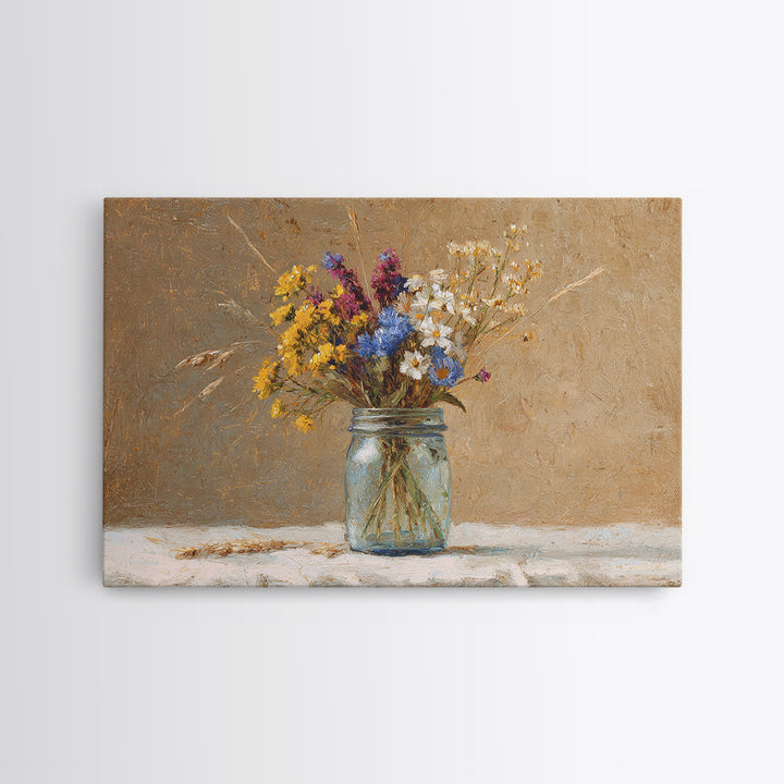 Wildflowers in a Mason Jar on Linen Framed Canvas Print, Farmhouse Art, Art Print, Farmhouse Decor, Fine Art, Harvest, FAR-3x2-59