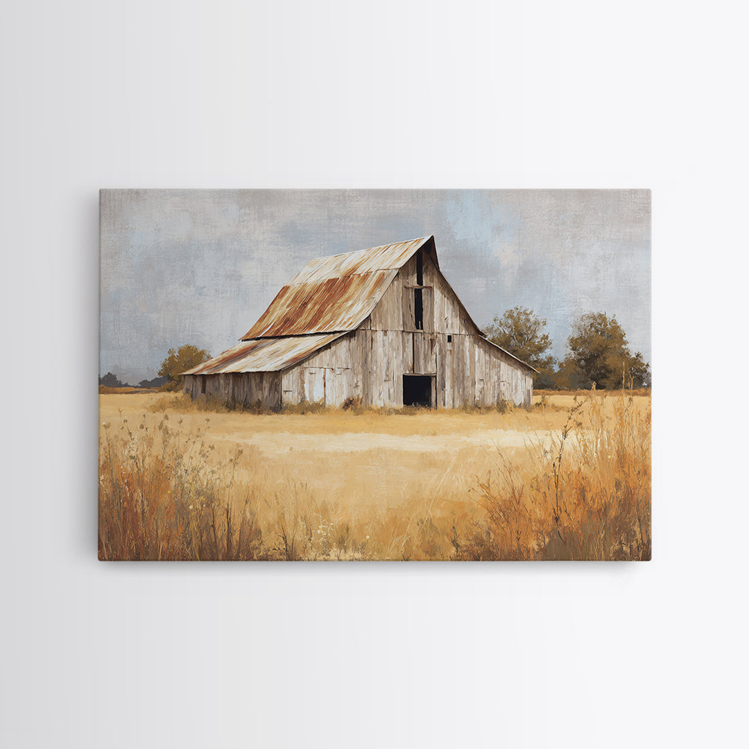 Rustic Barn in Golden Field Light Framed Canvas Print, Farmhouse Art, Digital Print, Farmhouse Decor, Fine Art, Harvest, FAR-3x2-6