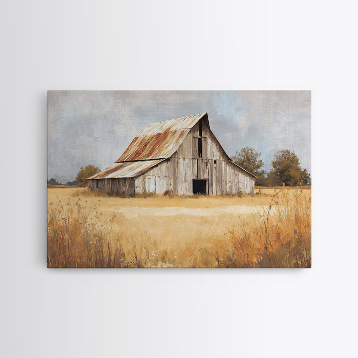 Rustic Barn in Golden Field Light Framed Canvas Print, Farmhouse Art, Digital Print, Farmhouse Decor, Fine Art, Harvest, FAR-3x2-6