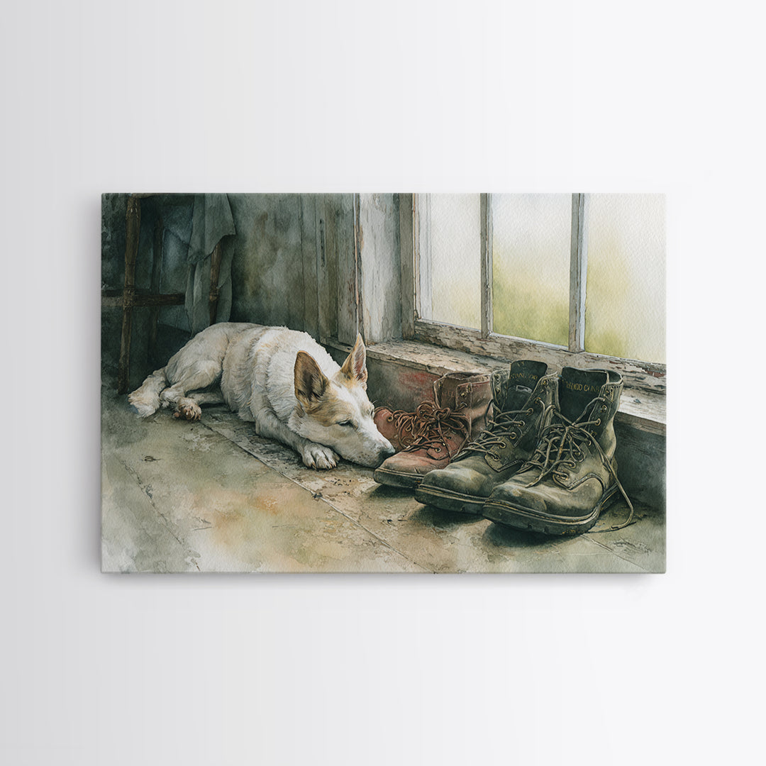 Farm Dog Lying Beside Weathered Boots Canvas Print, Farmhouse Art, Farmhouse Wall Decor, Farmhouse Decor, Oil Painting, Harvest, FAR-3x2-61