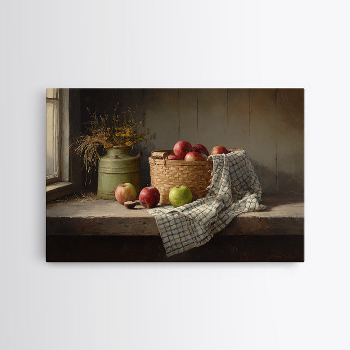 Apple Basket with Gingham Cloth Framed Canvas Print, Farmhouse Art, Digital Print, Farmhouse Decor, Fine Art, Harvest, FAR-3x2-63