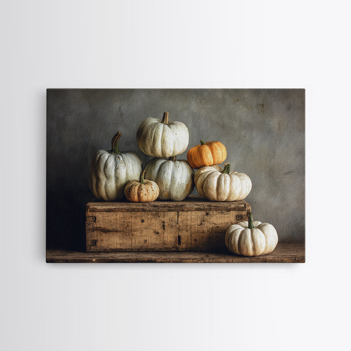 Pumpkins Stacked on a Wooden Crate Framed Canvas Print, Farmhouse Art, Botanical Prints, Farmhouse Decor, Watercolor Art, FAR-3x2-65