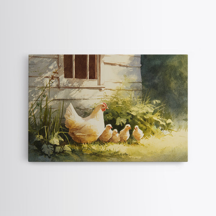 Chicken Family in a Garden Patch Canvas Print, Farmhouse Art, Textured Painting, Farmhouse Decor, Watercolor Art, Harvest, FAR-3x2-67