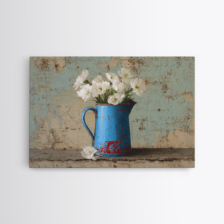 Blue Enamel Pitcher Canvas Print, Farmhouse Art, Neutral Decor, Farmhouse Decor, Oil Painting, Harvest, Wall Art, Home Decor, FAR-3x2-68