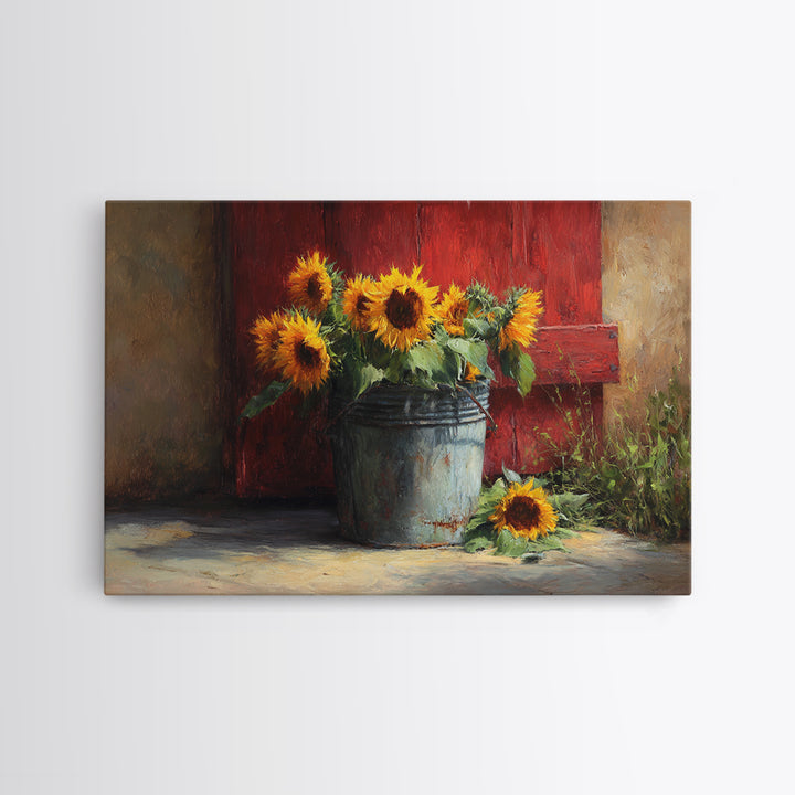 Sunflowers in a Galvanized Metal Bucket Framed Canvas Print, Farmhouse Art, Home Decor, Farmhouse Decor, Fine Art, Harvest, FAR-3x2-7
