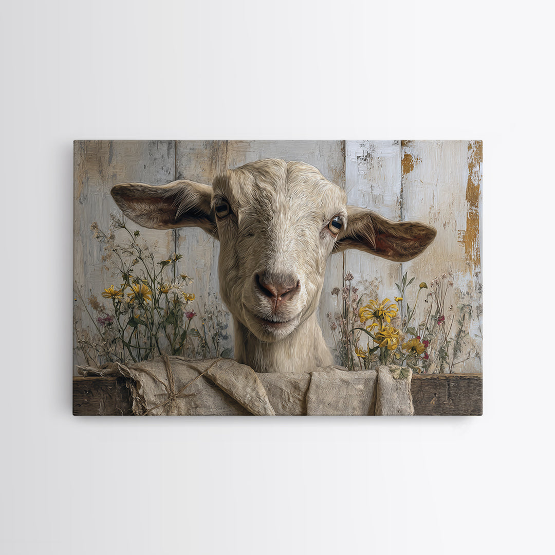 Goat Portrait with Playful Expression Framed Canvas Print, Farmhouse Art, Living Room Decor, Farmhouse Decor, Fine Art, Harvest, FAR-3x2-70