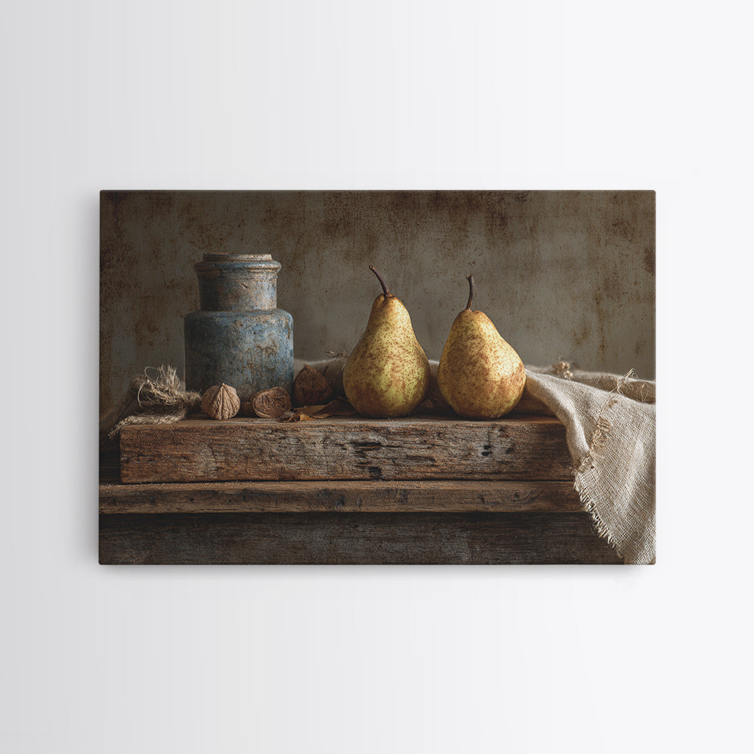 Rustic Pear Still Life on Plank Wood Framed Canvas Print, Farmhouse Art, Sage Green Wall Art, Farmhouse Decor, Watercolor Art, FAR-3x2-71