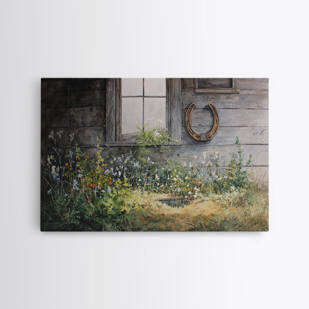 Weathered Horseshoe and Wildflowers Canvas Print, Farmhouse Art, Landscape Painting, Farmhouse Decor, Oil Painting, Harvest, FAR-3x2-73