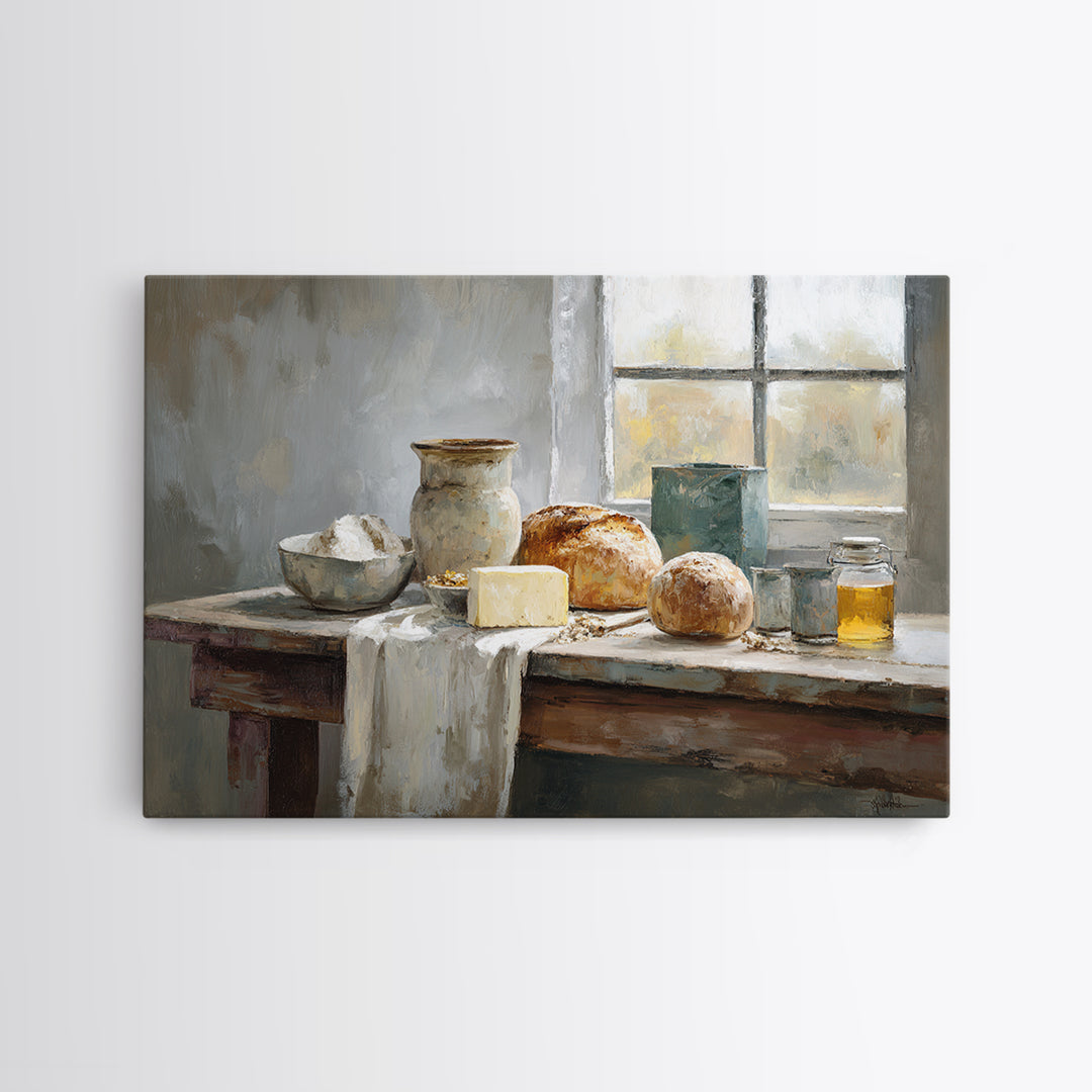 Fresh Bread Honey and Butter Still Life Canvas Print, Farmhouse Art, Landscape Art, Farmhouse Decor, Watercolor Art, Harvest, FAR-3x2-76