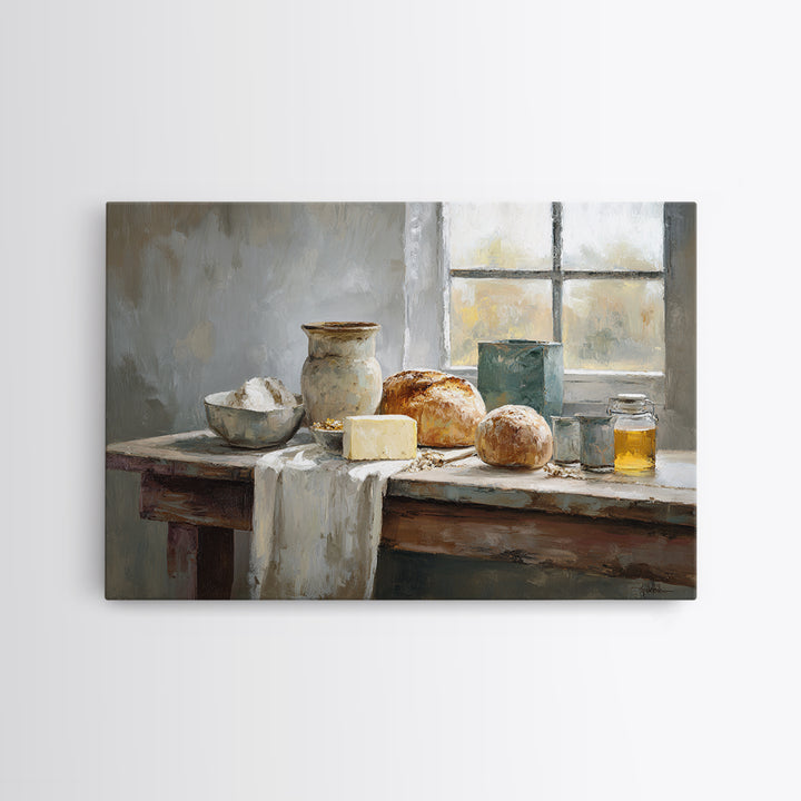 Fresh Bread Honey and Butter Still Life Canvas Print, Farmhouse Art, Landscape Art, Farmhouse Decor, Watercolor Art, Harvest, FAR-3x2-76