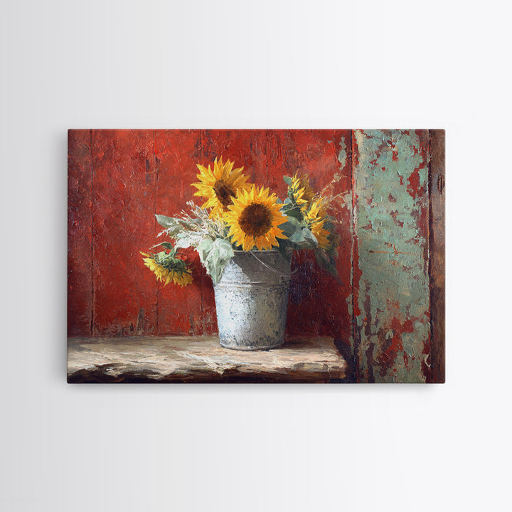 Sunflowers in a Galvanized Metal Bucket Framed Canvas Print, Farmhouse Art, Gallery Wall, Farmhouse Decor, Watercolor Art, FAR-3x2-79