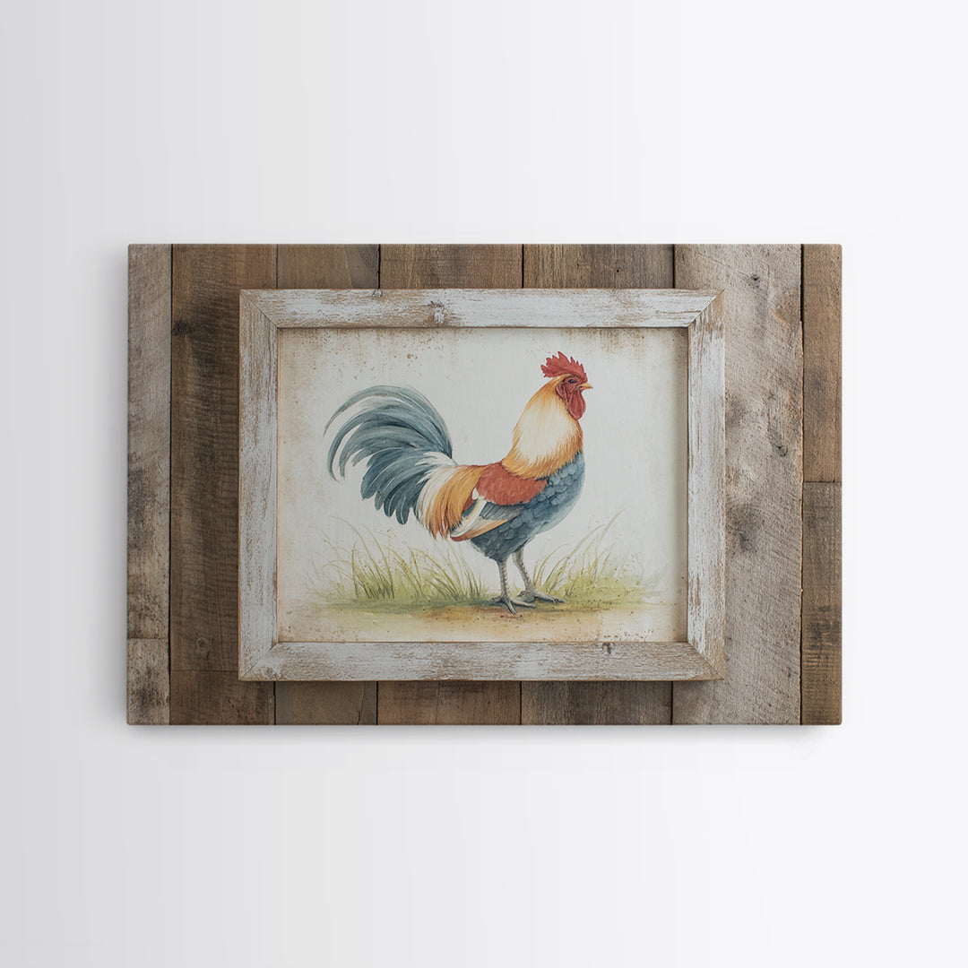 Rooster Painted in Cheerful Folk Colors Framed Canvas Print, Farmhouse Art, Printable Art, Farmhouse Decor, Oil Painting, FAR-3x2-8