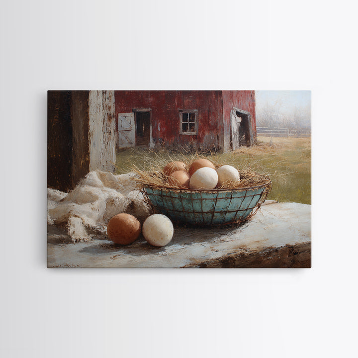 Fresh Eggs in a Wire Basket Framed Canvas Print, Farmhouse Art, Floral Wall Art, Farmhouse Decor, Oil Painting, Harvest, FAR-3x2-82