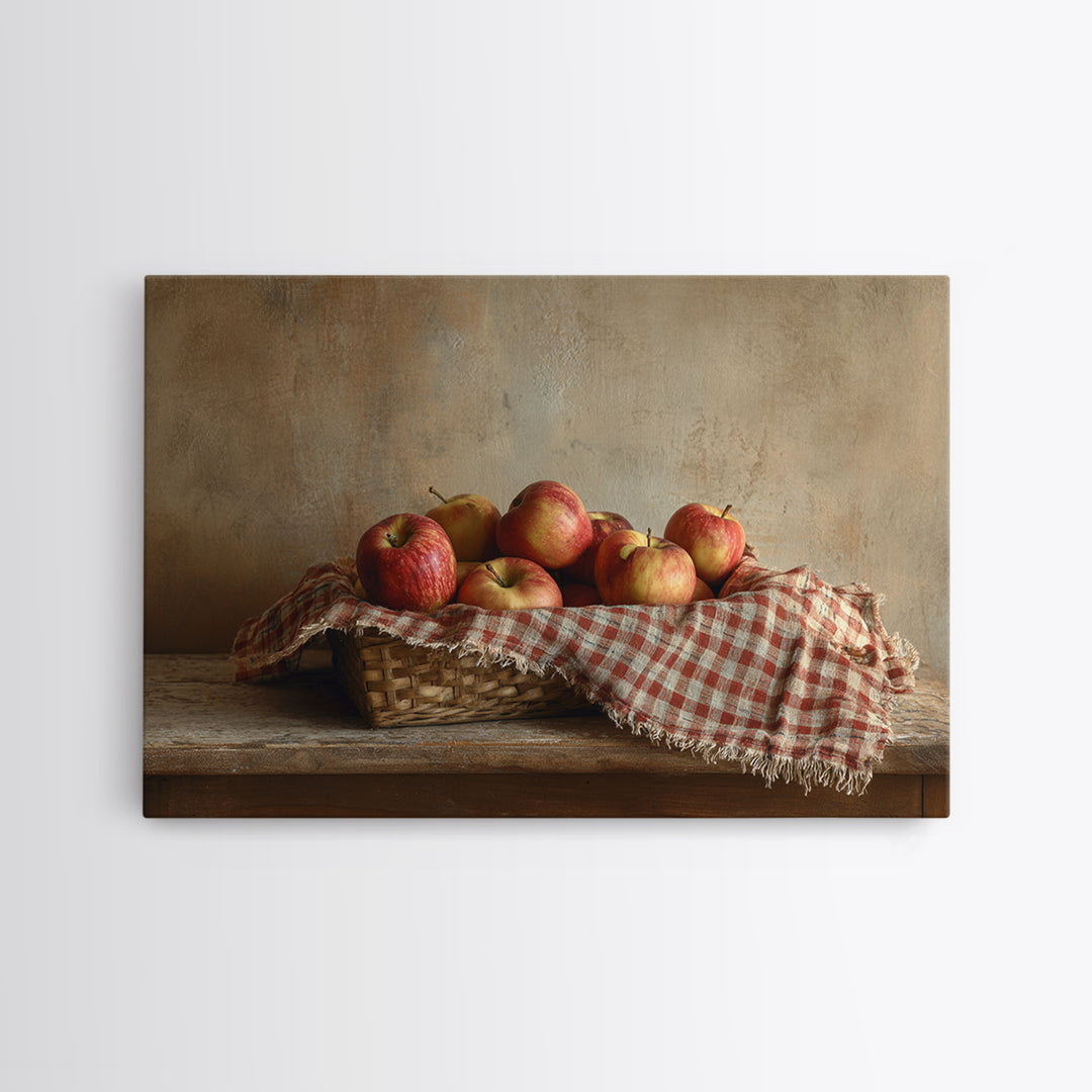Apple Basket with Gingham Cloth Framed Canvas Print, Farmhouse Art, Fine Art Print, Farmhouse Decor, Fine Art, Harvest, FAR-3x2-87