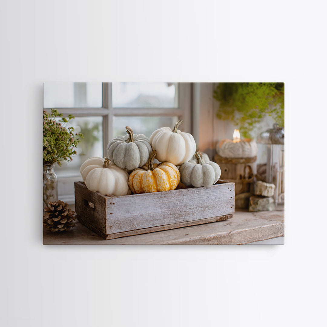 Pumpkins Stacked on a Wooden Crate Canvas Print, Farmhouse Art, Landscape Art, Farmhouse Decor, Oil Painting, Harvest, FAR-3x2-89