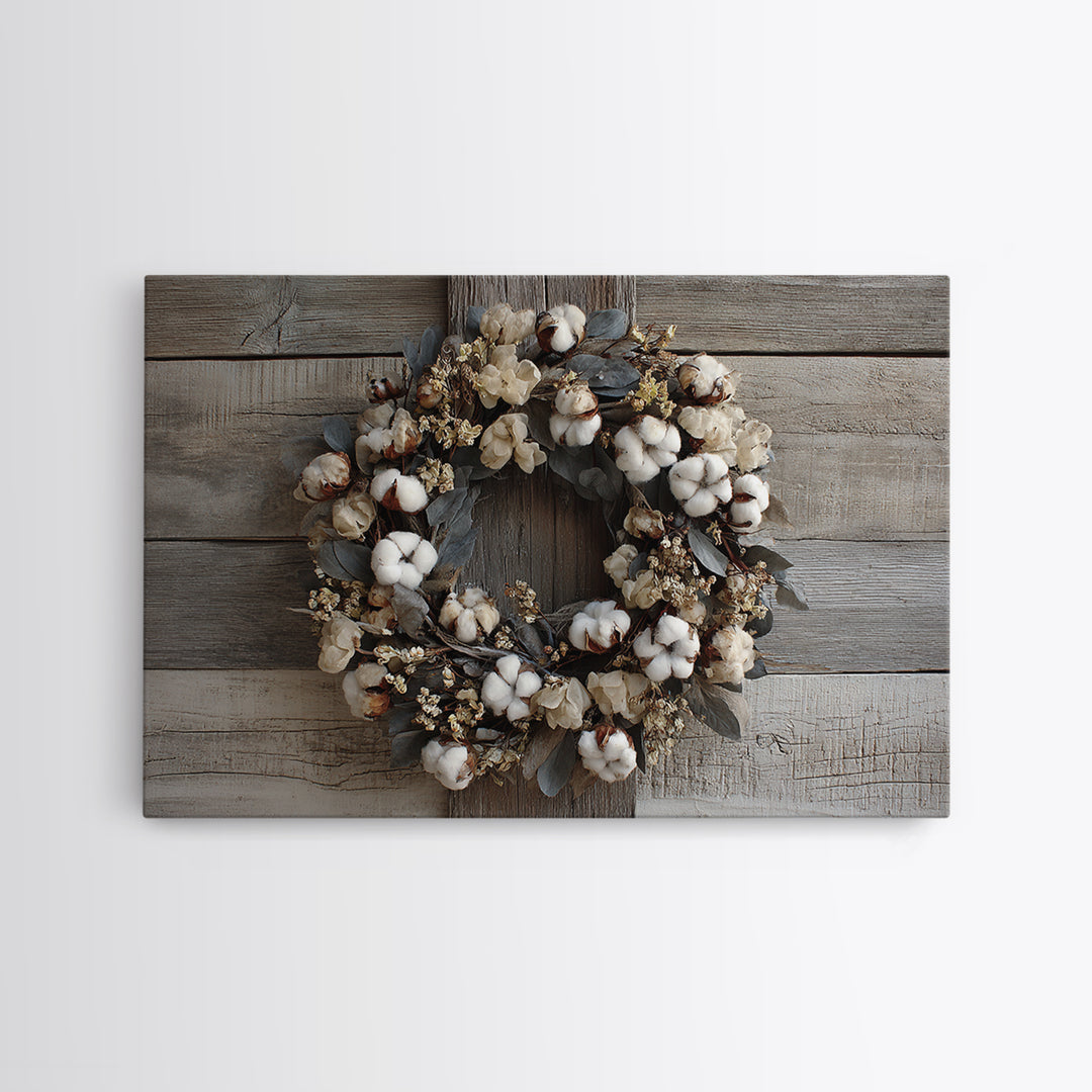 Farmhouse Wreath of Cotton Stems and Eucalyptus Framed Canvas Print, Farmhouse Art, Art Print, Farmhouse Decor, Harvest, FAR-3x2-96