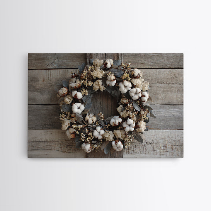 Farmhouse Wreath of Cotton Stems and Eucalyptus Framed Canvas Print, Farmhouse Art, Art Print, Farmhouse Decor, Harvest, FAR-3x2-96