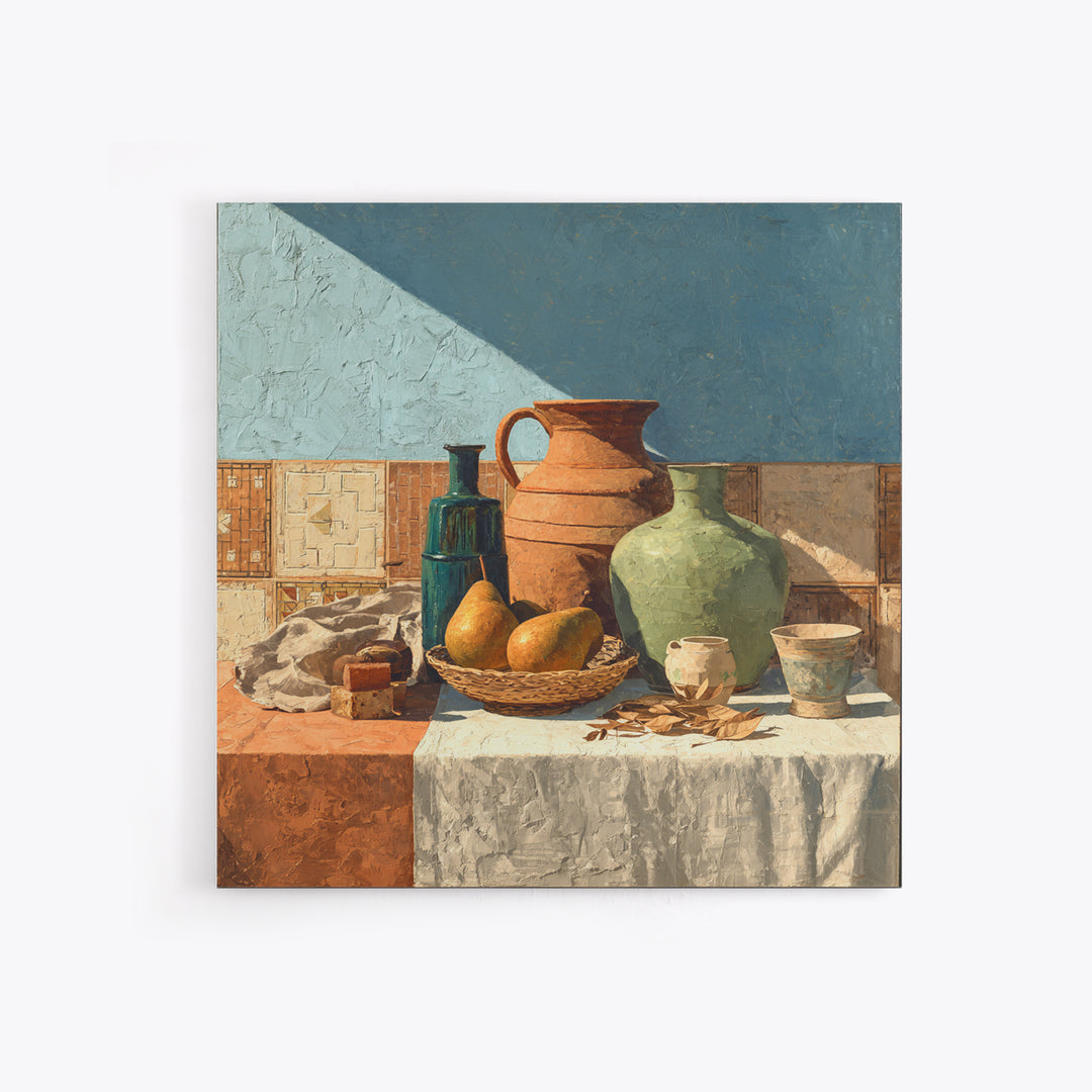 Pear Still Life on Linen Tablecloth Framed Canvas Print, French Country Art, Above Bed Art, Farmhouse Decor, Abstract Art, FCA-1x1-100