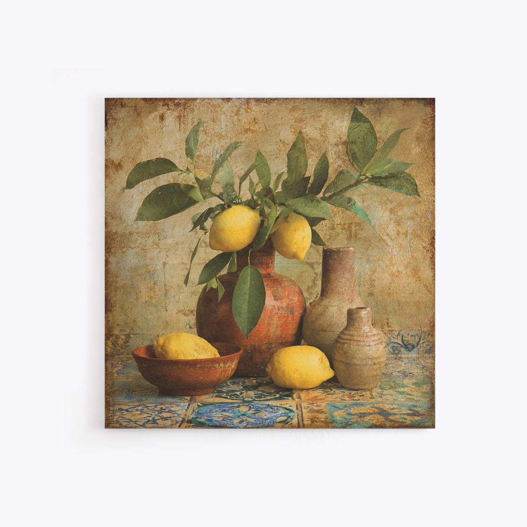 Aged Botanical Plate of Lemons and Leaves Framed Canvas Print, French Country Art, Digital Art, Farmhouse Decor, Oil Painting, FCA-1x1-12