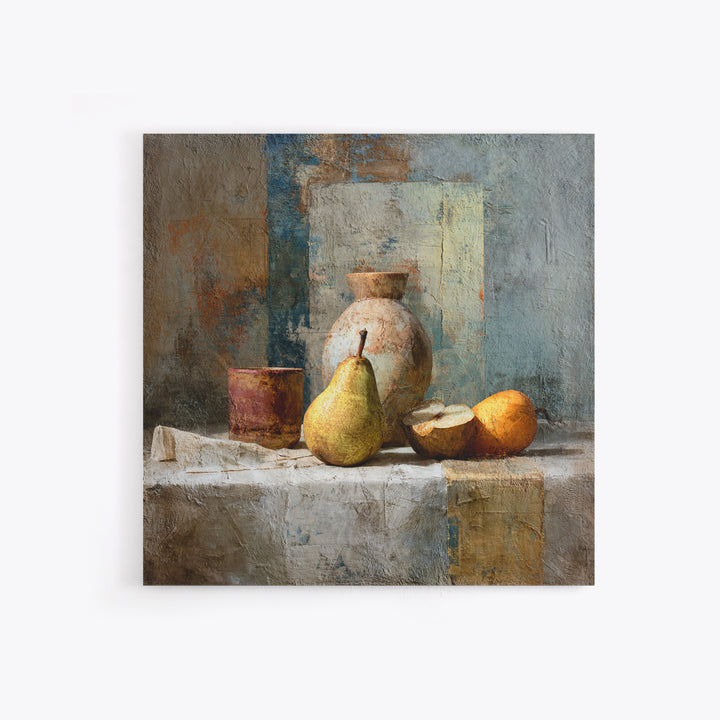 Pear Still Life on Linen Tablecloth Framed Canvas Print, French Country Art, Digital Wall Art, Farmhouse Decor, Country, FCA-1x1-28