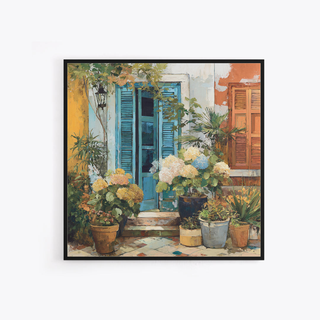 Soft Hydrangeas Beside Antique Shutters Framed Canvas Print, French Country Art, Home Decor, Farmhouse Decor, Fine Art, Country, FCA-1x1-32