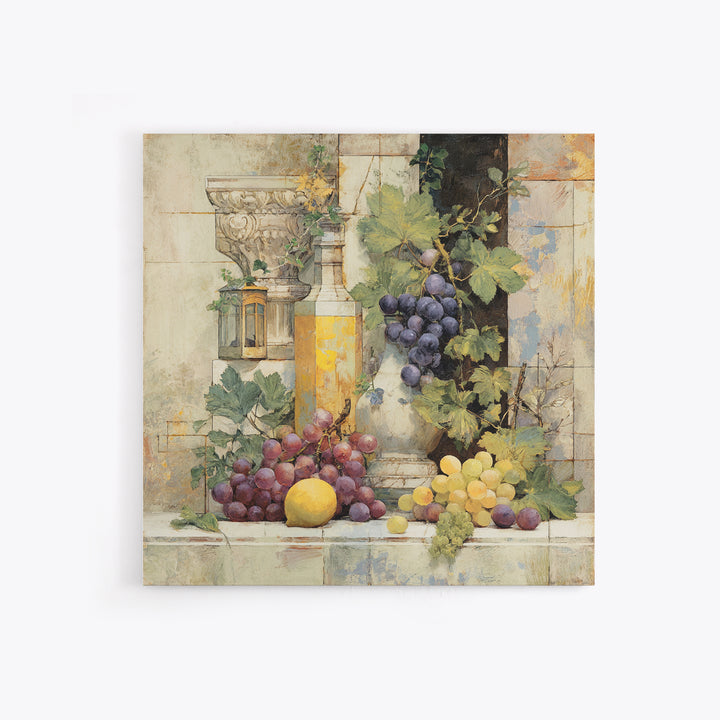 Grapes and Wine Still Life Framed Canvas Print, French Country Art, French Country Decor, Farmhouse Decor, Abstract Art, FCA-1x1-33