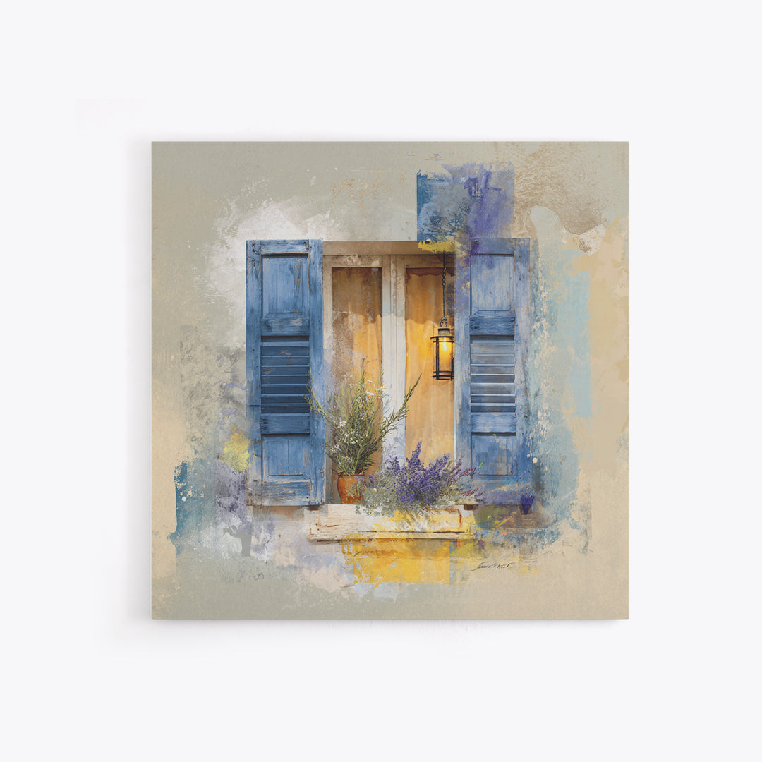 Weathered Window with Blue Shutters Canvas Print, French Country Art, Botanical Wall Art, Farmhouse Decor, Watercolor Art, FCA-1x1-45